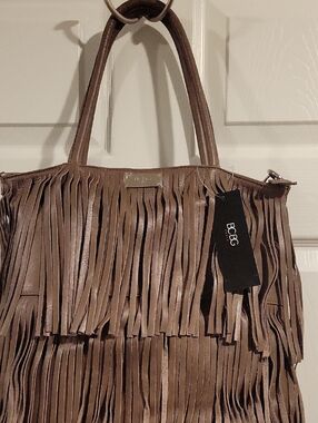 BCBG Taupe Fringe Leather Tote with Double Handles